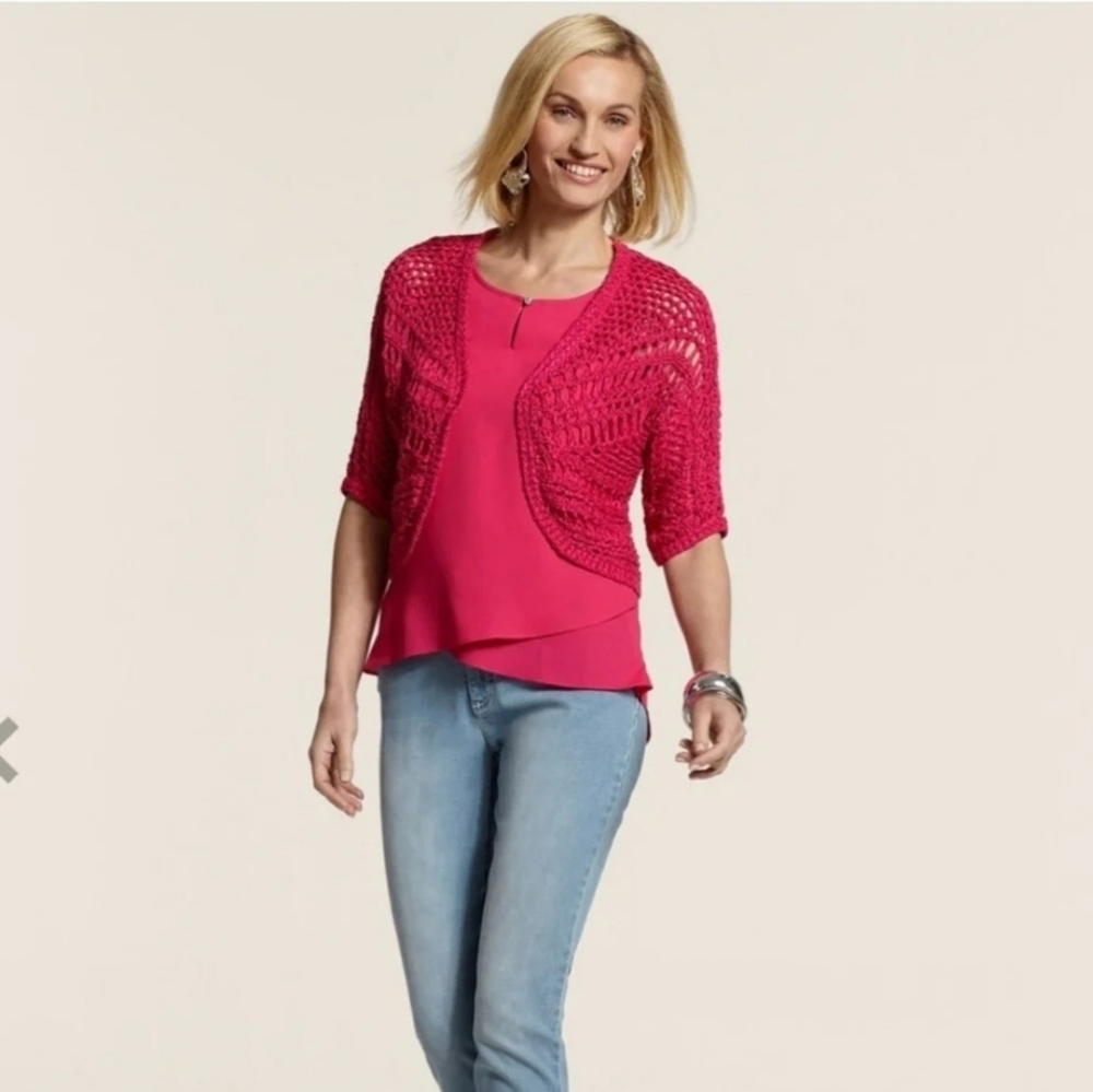 Chico’s Jade Dark Pink Textured Open Front Cardigan Size 2 (Large)